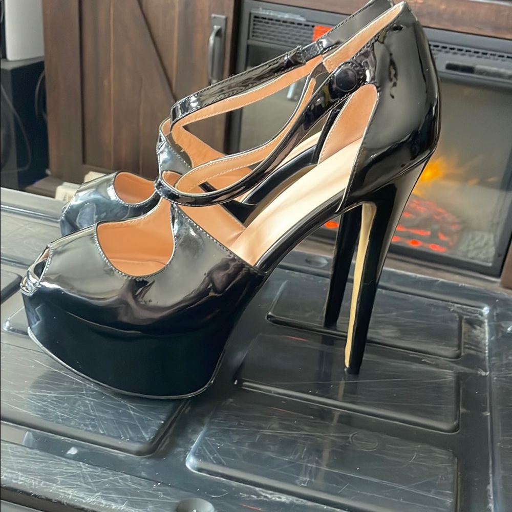 Black Platform Stiletto Heels with Peep-Toe
